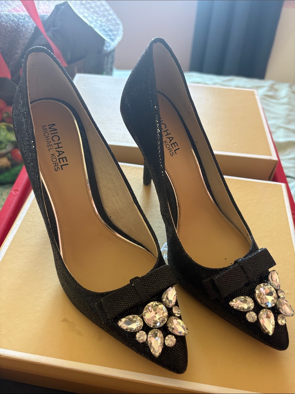 MICHAEL KORS Black Embellished Pointed-Toe Pumps